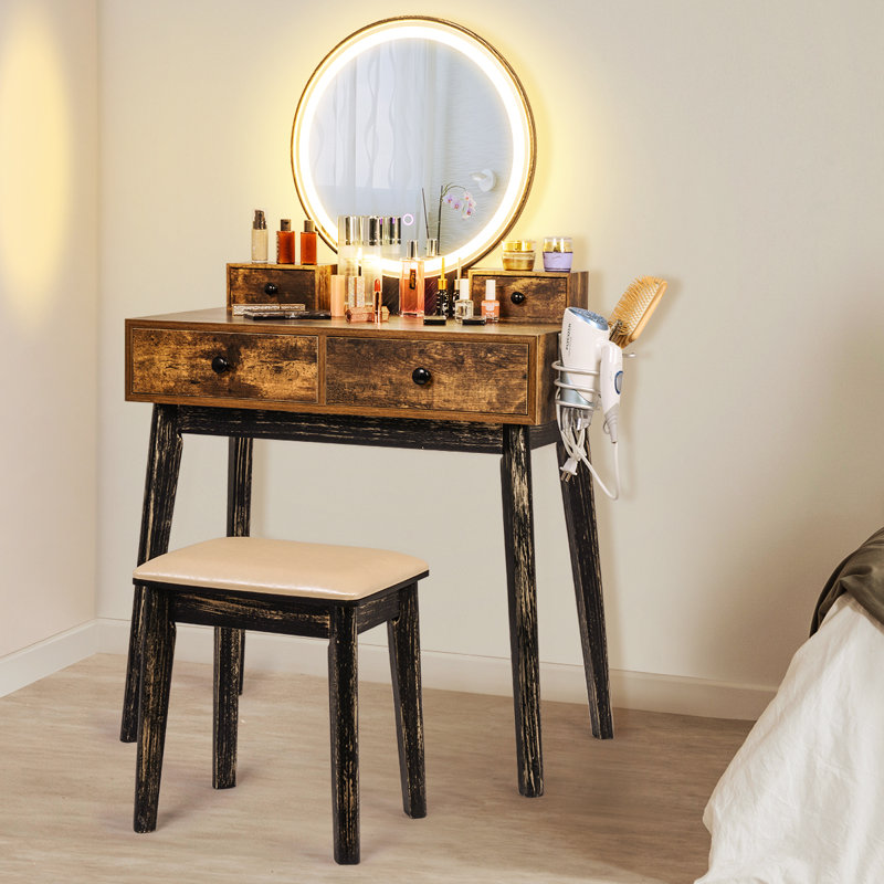 Loon Peak® Dressing Table Set With Illuminated Mirror And Bench, Rustic